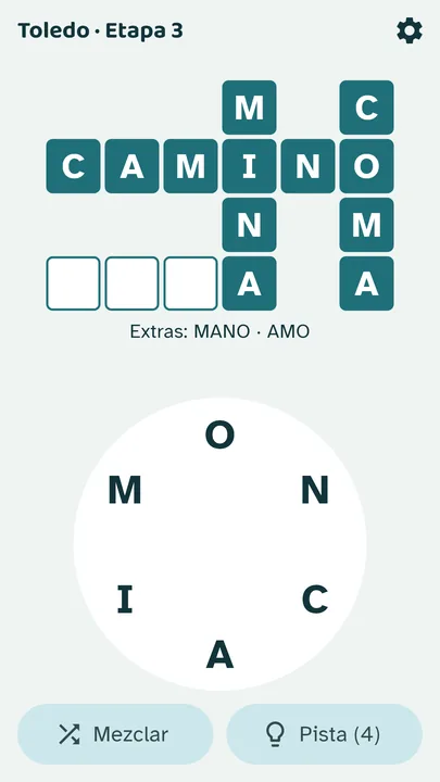 Pantalla de juego: el crucigrama con algunas palabras ya puestas y la rueda de letras debajo