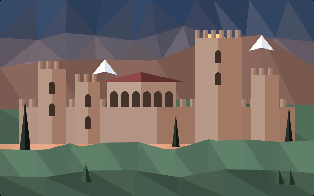 Ilustración de Granada: la Alhambra con sus torres y Sierra Nevada al fondo